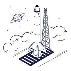 Isometric rocket on launch pad with saturn planet and clouds isolated on white background ready for space exploration © MST SABLRON