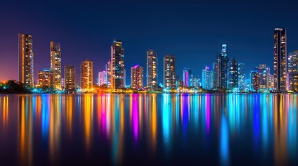 Vibrant city skyline at night reflecting in water, showcasing illuminated buildings and lively atmosphere