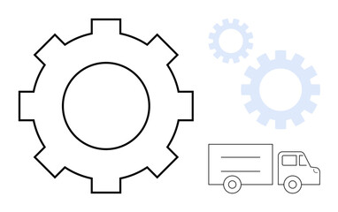 Large gear with two smaller gears alongside delivery truck signifies teamwork, logistics, innovation, and efficiency. Ideal for manufacturing, shipping, supply chain, process optimization, industry