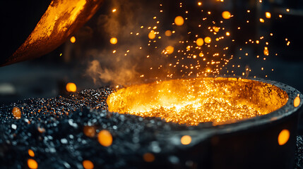 Pouring molten metal into foundry ladle creating sparks and smoke