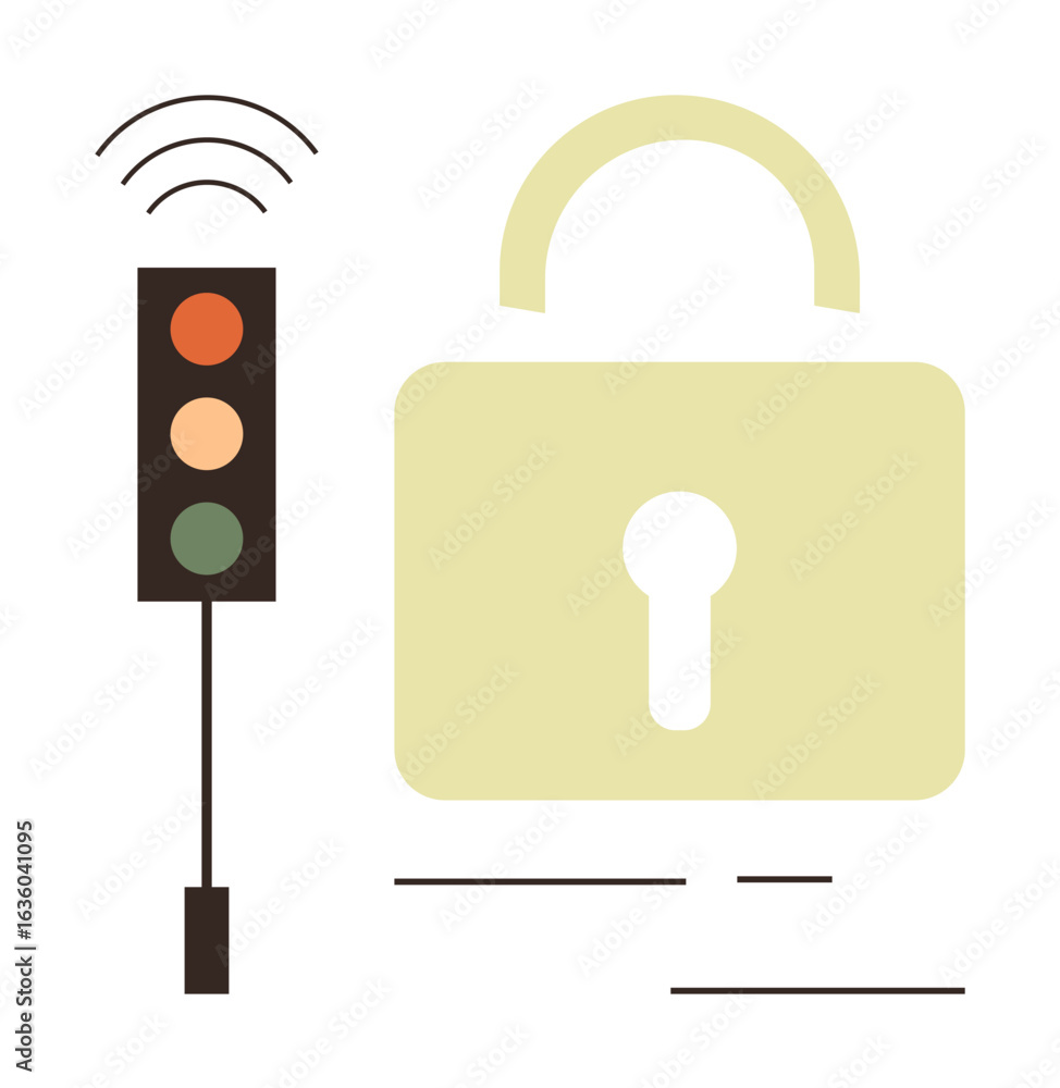 Poster traffic light with wireless signals next to a padlock, suggesting secure access control, internet sa