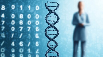 DNA structure with binary data and scientist silhouette image closeup. Digital double helix, genetic code close-up photography. Biomedical innovation. Futuristic science concept photo