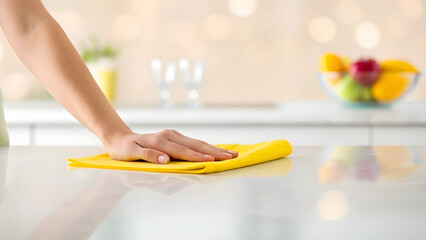 Cleaning a kitchen countertop with a yellow cloth during a bright, sunny day