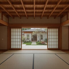 Serene interior view of a japanese-inspired home showing entrance and tatami mats