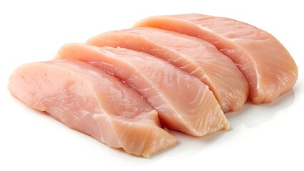 Four fresh, uncooked chicken breast fillets neatly aligned on a white background, showcasing their smooth texture and natural pink hue—ideal for culinary presentations or recipe