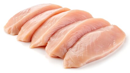 Four fresh, uncooked chicken breast fillets neatly aligned on a white background, showcasing their smooth texture and natural pink hue—ideal for culinary presentations or recipe