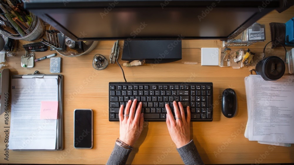 Poster workspace efficiency: an overhead view of an organized workspace, where hands deftly operate a keybo