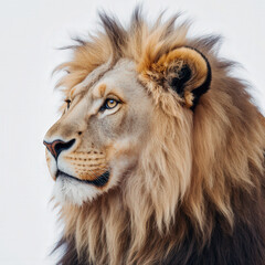 Fototapeta premium Majestic Lion's Gaze: A close-up profile captures the regal essence of a male lion, its intense eyes conveying strength and wisdom in its gaze.