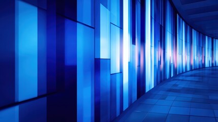 Abstract blue wall with vertical panels illuminated in a modern corridor, creating a vibrant atmosphere