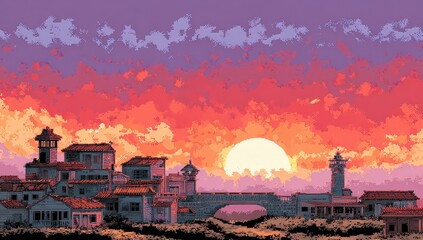 Obraz premium Pixelated Village Sunset Scene With Bridge