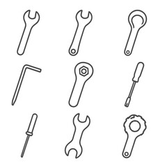 Naklejka premium Bike Tool Icons. Line style icons of Bike-Specific Wrenches: cone wrench 13 mm, pedal wrench 15 mm, headset spanner, crank puller
