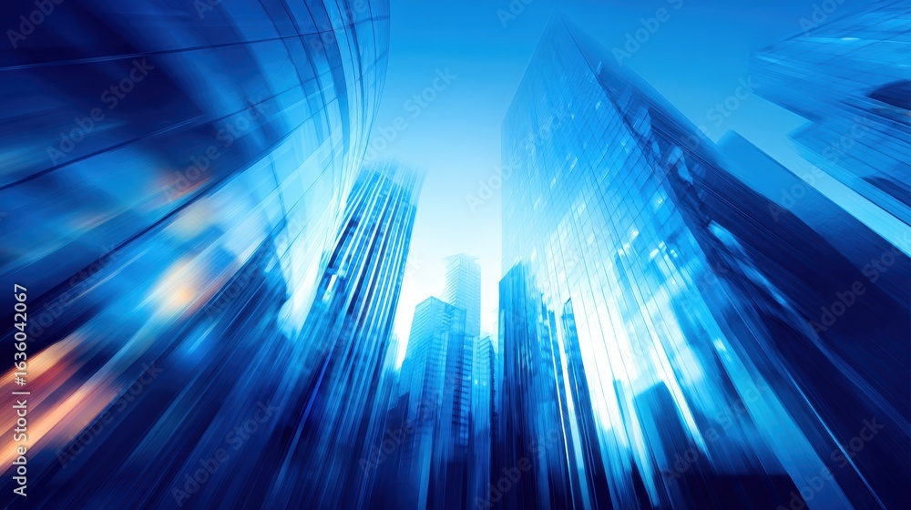 Poster abstract view of skyscrapers in a dynamic urban setting, showcasing modern architecture and vibrant 