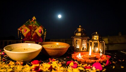 Festive offering of kheer and an illuminated diya under a bright full moon during a traditional Indian celebration.