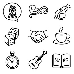 Lunfardo Icons Illustration. Line style icons of Lunfardo Slang Culture: tango lunfardo word bubble, fileteado swirl, street