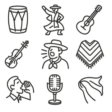 Argentine Folk Icons. Line style icons of Argentine Folk Music: bombo leg&uuml;ero drum, chacarera dancer, criolla guitar, violin