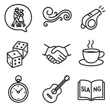 Lunfardo Icons Illustration. Line style icons of Lunfardo Slang Culture: tango lunfardo word bubble, fileteado swirl, street