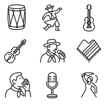 Argentine Folk Icons. Line style icons of Argentine Folk Music: bombo leg&uuml;ero drum, chacarera dancer, criolla guitar, violin