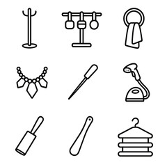Fototapeta premium Fashion Styling Icons. Line style icons of Fashion Styling Props: hat stand, belt rack, scarf clip, statement necklace, styling