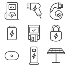 EV Charging Icons. Line style icons of Electric Vehicle Charging: charging station, fast charger plug, charging cable, battery
