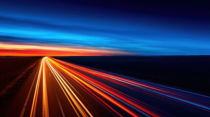 Vibrant sunset over a highway with light trails from moving vehicles, capturing the essence of evening travel