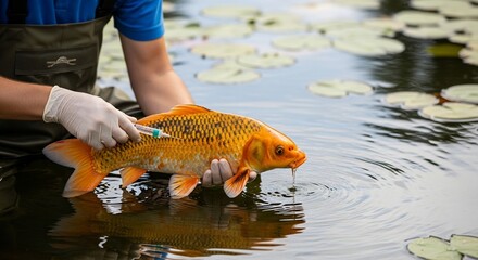veterinary health check koi fish in pond