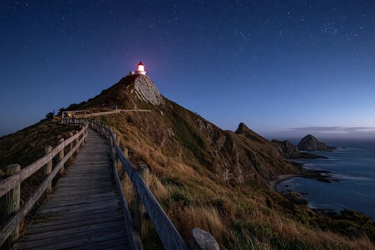 Lighthouse On Hilltop At Night With Stars And Ocean View
