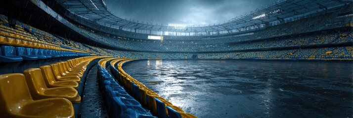 Empty stadium filled with rainwater during a stormy afternoon in a large sports arena