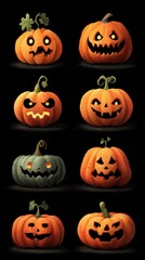 Colorful collection of carved pumpkins with various facial expressions for Halloween decoration