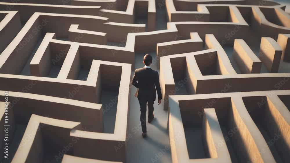 Poster businessman navigating maze animation video. man in suit from behind walking through labyrinth anima