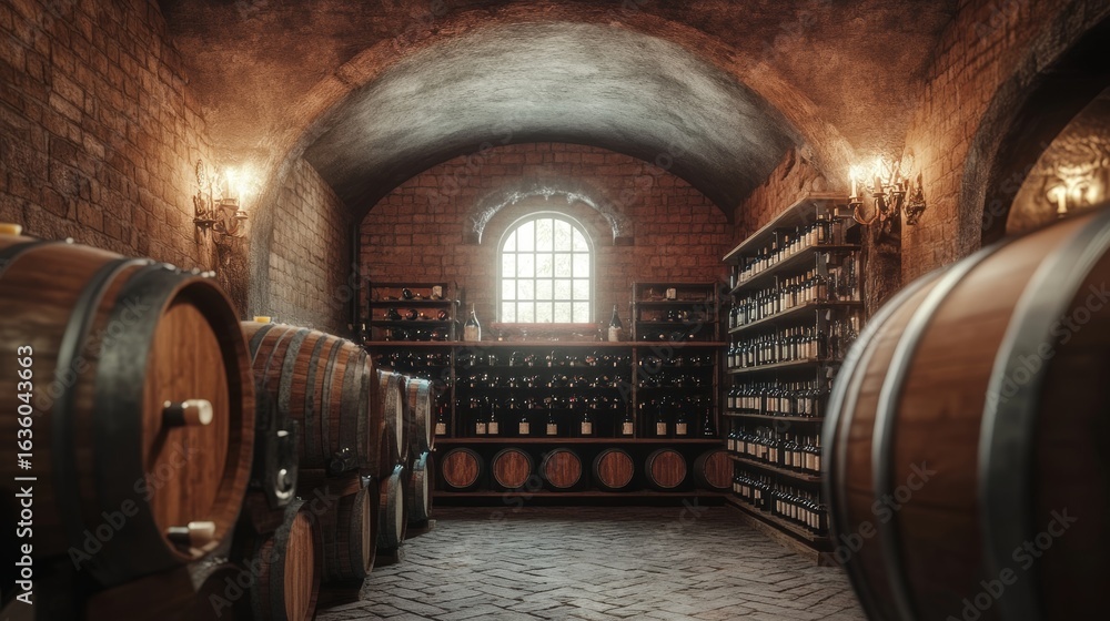 Poster aging wine storage room with stacked casks and labeled bottles in a stone vault environment