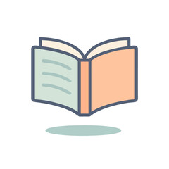 A minimalist flat icon of an open book in a soft pastel color palette on a pink background.
