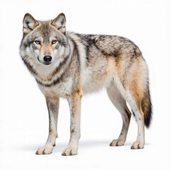 Fototapeta premium Majestic Wolf Portrait: A captivating portrait of a Gray wolf, its piercing eyes reflecting the primal essence of the wild. The image captures its dignified presence, strength, and untamed beauty.