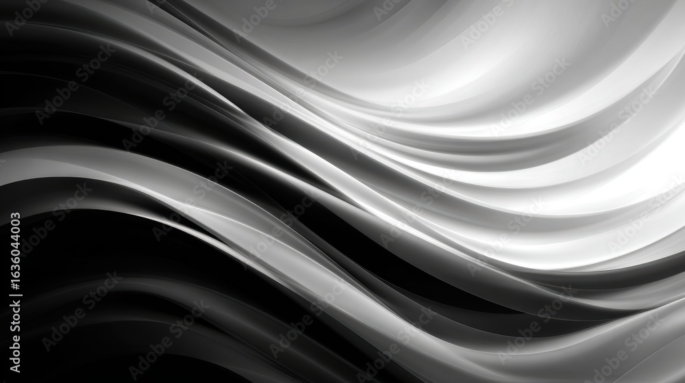 Poster abstract black and white waves flowing seamlessly, creating a sense of depth and movement in a minim