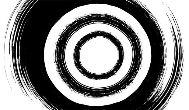 Stylized black and white concentric circles are layered with a grunge texture, evoking minimalist art with rough brushstrokes for a bold and dynamic visual impact