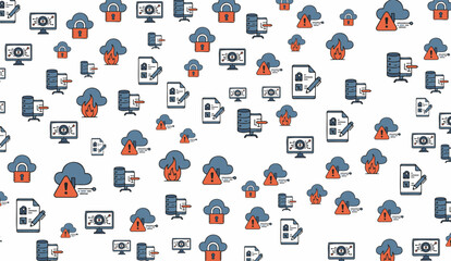 Fototapeta premium Seamless pattern featuring blue clouds, orange warning signs, and computer icons against a white background conveys digital security concerns with data protection and system alerts