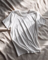 Overhead flat lay view of a plain white t-shirt resting on a neutral fabric surface. Soft natural lighting casts gentle shadows
