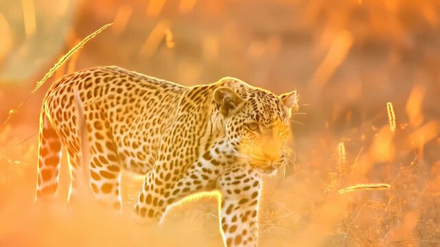 A majestic leopard gracefully walking through golden grasslands during sunset, highlighting its beauty, strength, and the natural wonder of wildlife in its habitat.