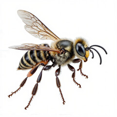 Detailed Bee: A vibrant close-up view of a solitary bee showcases its intricate details: from its fuzzy body and detailed wings to its intricate legs, presenting the perfect harmony of nature.