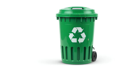 Green Recycling Bin with White Symbol on Isolated White Background