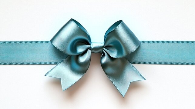 Satin bow, center, light blue ribbon on white