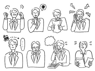 スーツの男性、ビジネスマン、詰め合わせ
（泣く、テレアポ、怒る、クレーム、パワハラ）、線画
