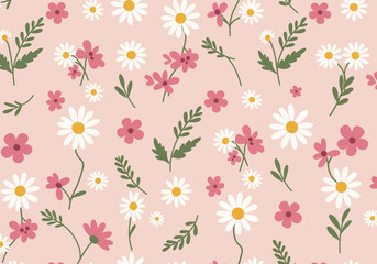 title Pink and White Flowers with Green Stems on a Light Pink Background keywords