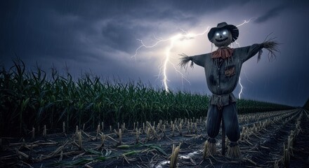 Scarecrow stands in cornfield under stormy sky with lightning strikes