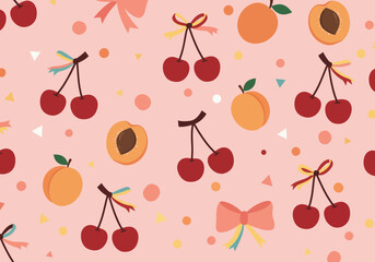 title Cherries Apricots and Bows on a Pink Background keywords cherries apricots bows pink