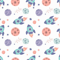 Naklejka premium Colorful Space-Themed Pattern with Rockets, Planets, and Stars