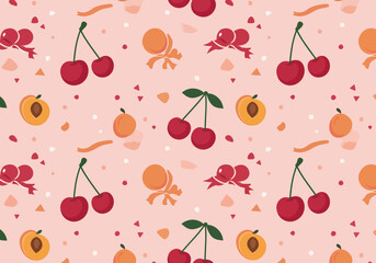 title Seamless pattern with cherries peaches and hearts on a pink background keywords fruit cherry