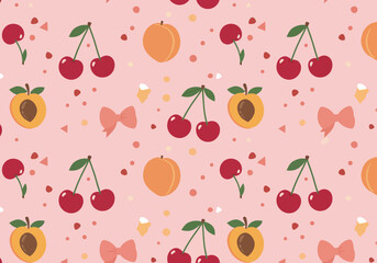 title Colorful Dots Cherries and Bow Tie Pattern on Pink Background keywords colorful dots cherries