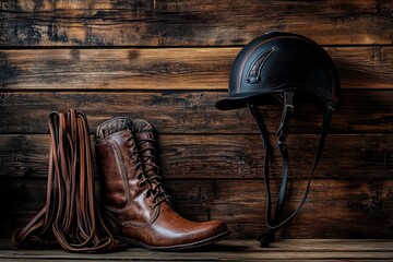 Horse riding helmet and boots with crop