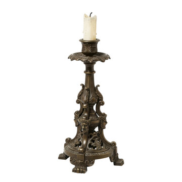Ornate vintage bronze metal candle holder with intricate detailing