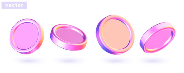 Set of pink chrome coins. 3D holographic coins. Vector illustration.